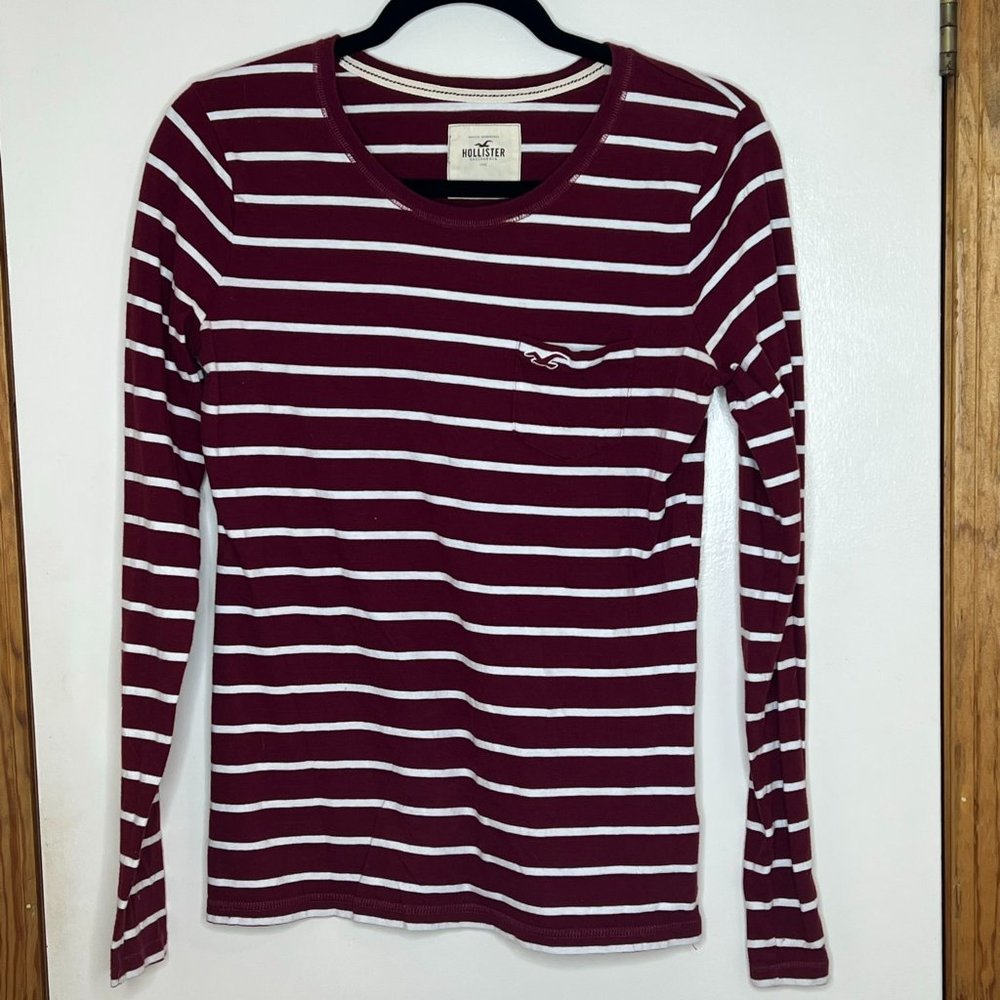 Large Long Sleeve Hollister Shirt Top Maroon/White Striped